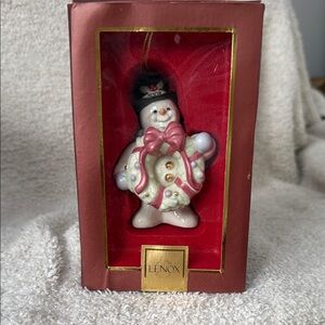 Lenox Snowman Ornament with Pink Bow and Black Hat 2008